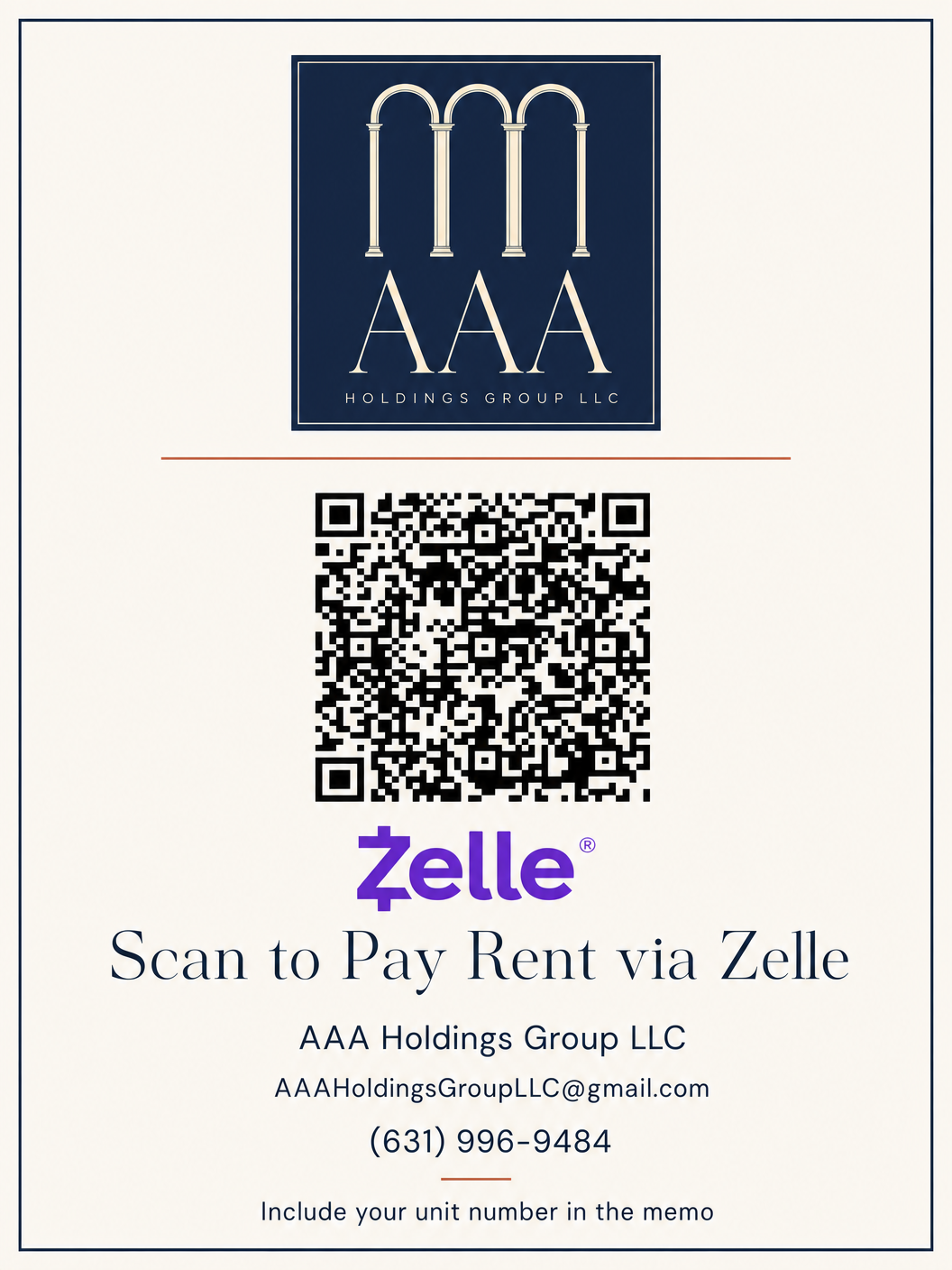 Scan to Pay Rent via Zelle — AAA Holdings Group LLC